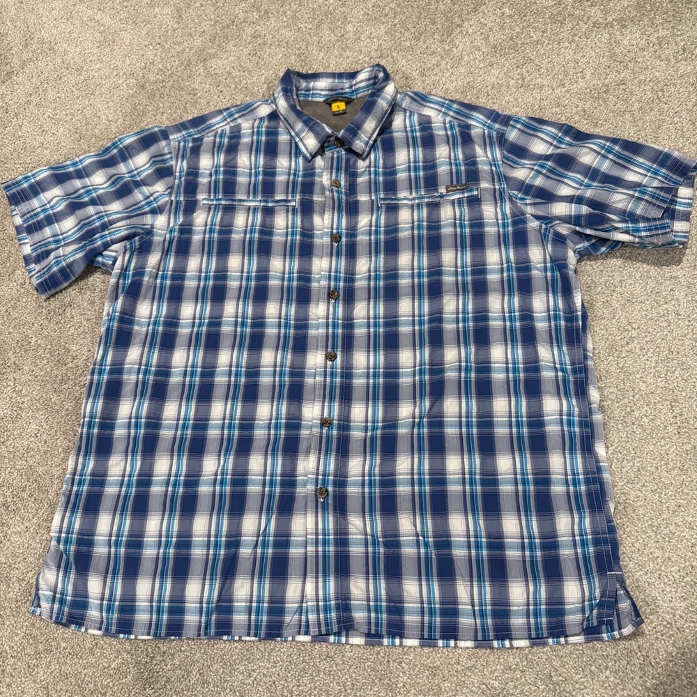 Eddie Bauer Men’s Button Up Shirt XL Blue Travex Plaid Nylon Blend Outdoor Mesh